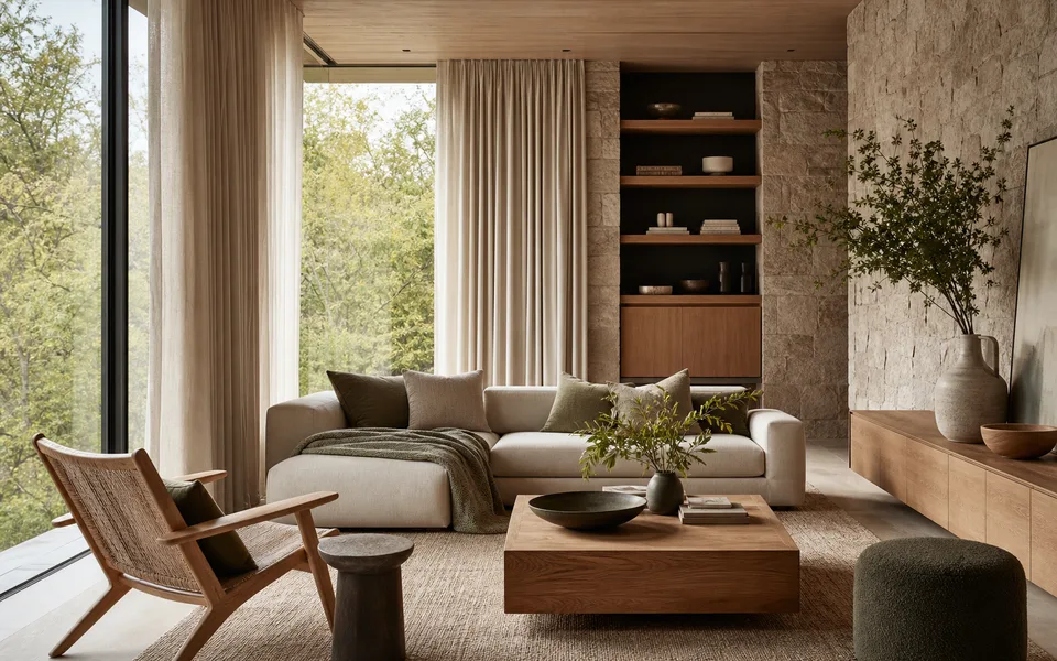 Contemporary living room concept with full-height linen curtains, warm stone, oak furniture, and forest-green accents.
